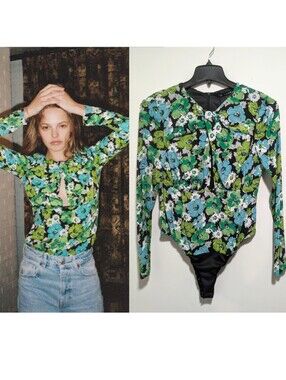 Zara | Floral Keyhole Long Sleeve Bodysuit In Green Blue